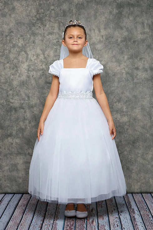 Big Girls White Satin Mesh Lace Beadwork Communion Dress 8-20.5